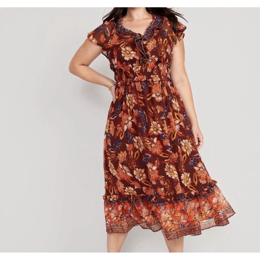 Old Navy Size-L Womens Midi Floral Dress Shirt Sleeve Tiered Lined